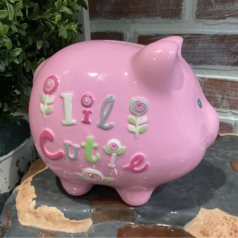 🟣 Pink ceramic crafted Piggy Bank “Lil Cutie” themed - Gently Used - Nice Gift